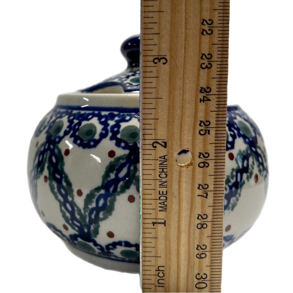 EUC Boleslawiec Polish Pottery Lidded Sugar Bowl-Blue Braided Chain Grn. 10 Oz. - Picture 4 of 9